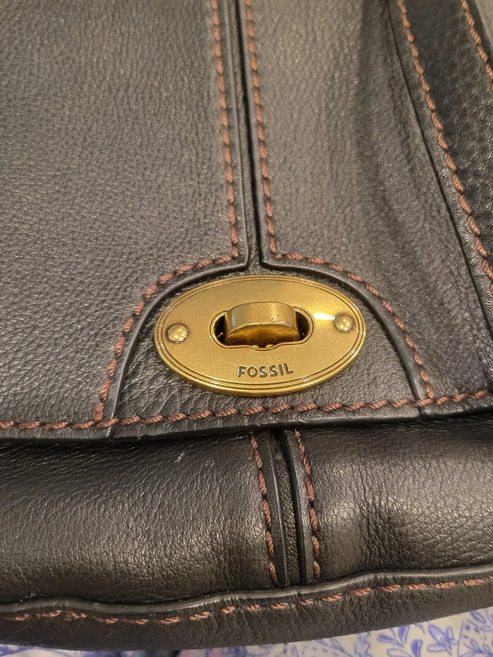 Fossil Black Leather Crossbody with Brass Turn-Lock